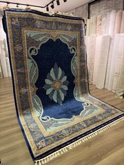 7×10 FT Silk Rug Machine Made Turkish Style Floral Medallion Blue Luxury