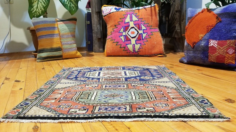 Beautiful 1930-1939s Antique Wool Pile Natural Dyes Bunyan Rug 2'1''x2'3'' gallery