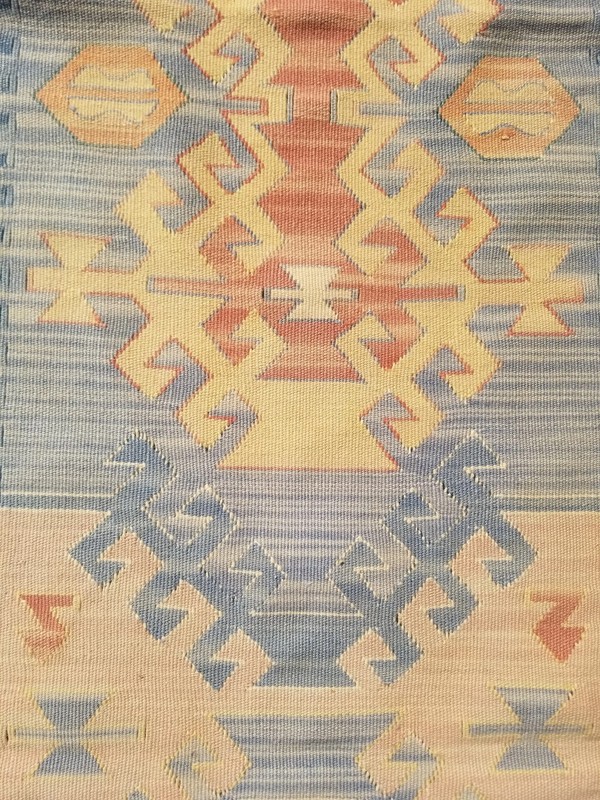 Distressed Vintage Traditional Handmade Turkish Wool Blue Kilim 5.9x2.2ft gallery