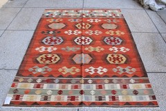 6x8ft Handmade Afghan Kilim Rug: Red White Wool, Tribal Design