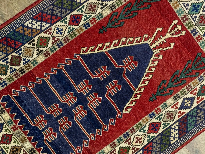 Vintage Turkish Anatolian Hand-Knotted Wool Prayer Rug Red Navy 4'3" x 5'11" ft gallery