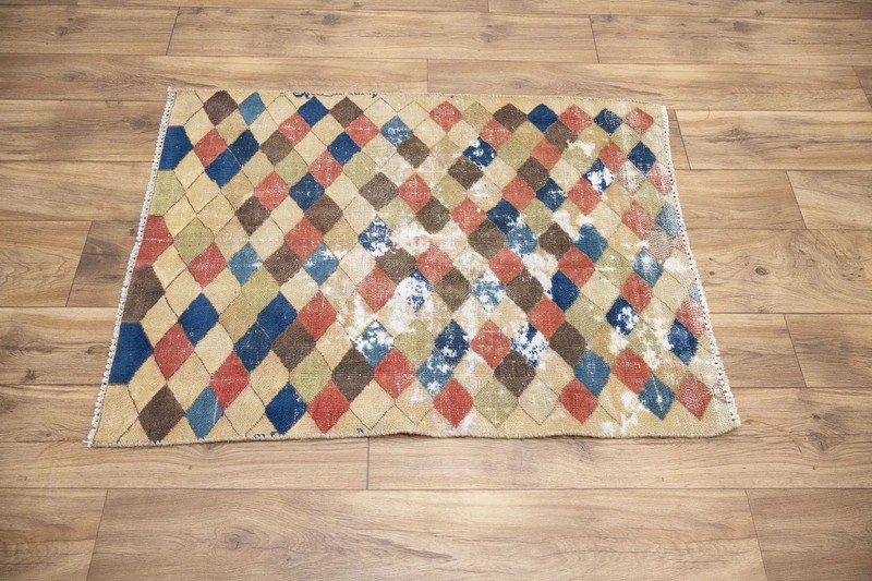 Semi-Antique Distressed Geometric Oriental Rug Handmade Wool Small Carpet 2x3 Ft gallery