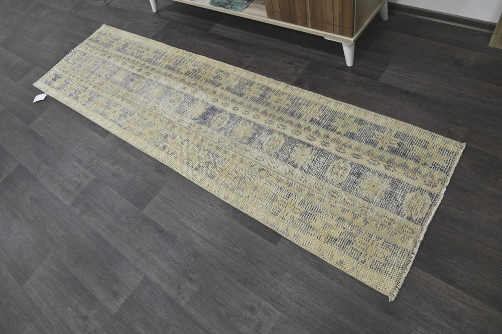Vintage Turkish Runner Rug 2x7ft BEIGE Handmade Anatolian Oushak Hallway Wool