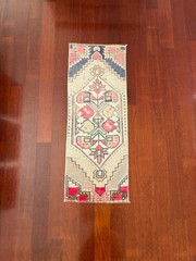 Vintage Turkish Runner 1×3 Small Area Pink Cream Navy Blue Wool Oushak Mat