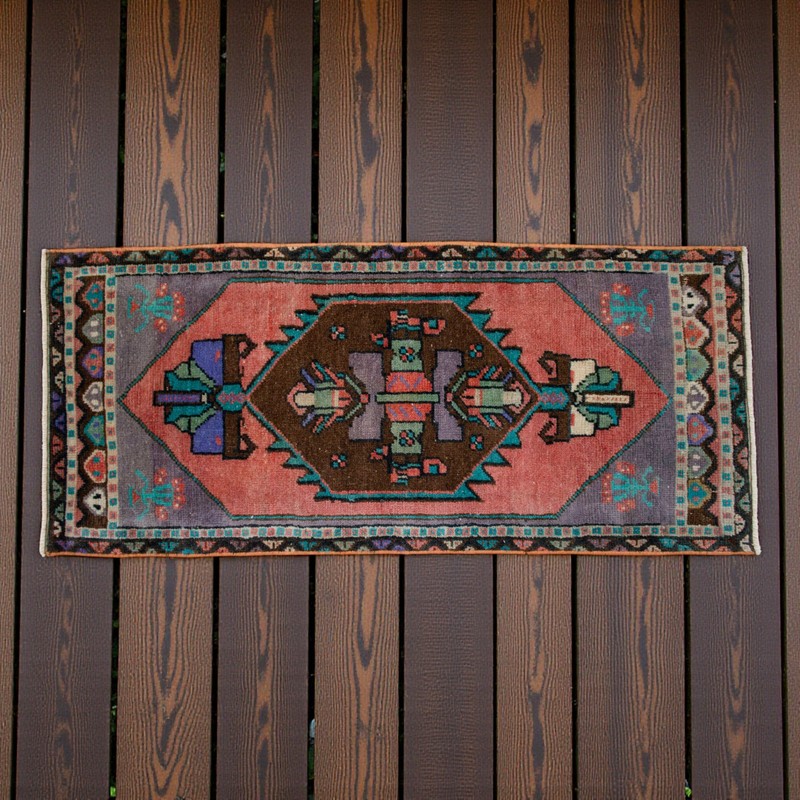 Vintage Distressed Small Area Rug Hand Knotted Oushak Rugs Yastik -1'7"x3'8" gallery