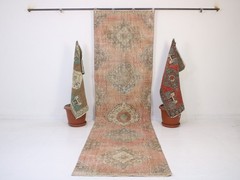 3×11 Red Runner Rug, Handmade Turkish Rug, Vintage Muted Hallway Rug, 3.0×11.3