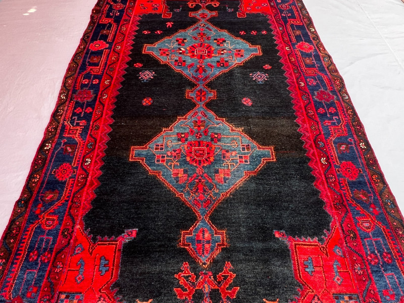 Vintage 4'9x8'5 ft Afghan Handwoven Wool Tribal Geometric Red Blue Area Rug gallery