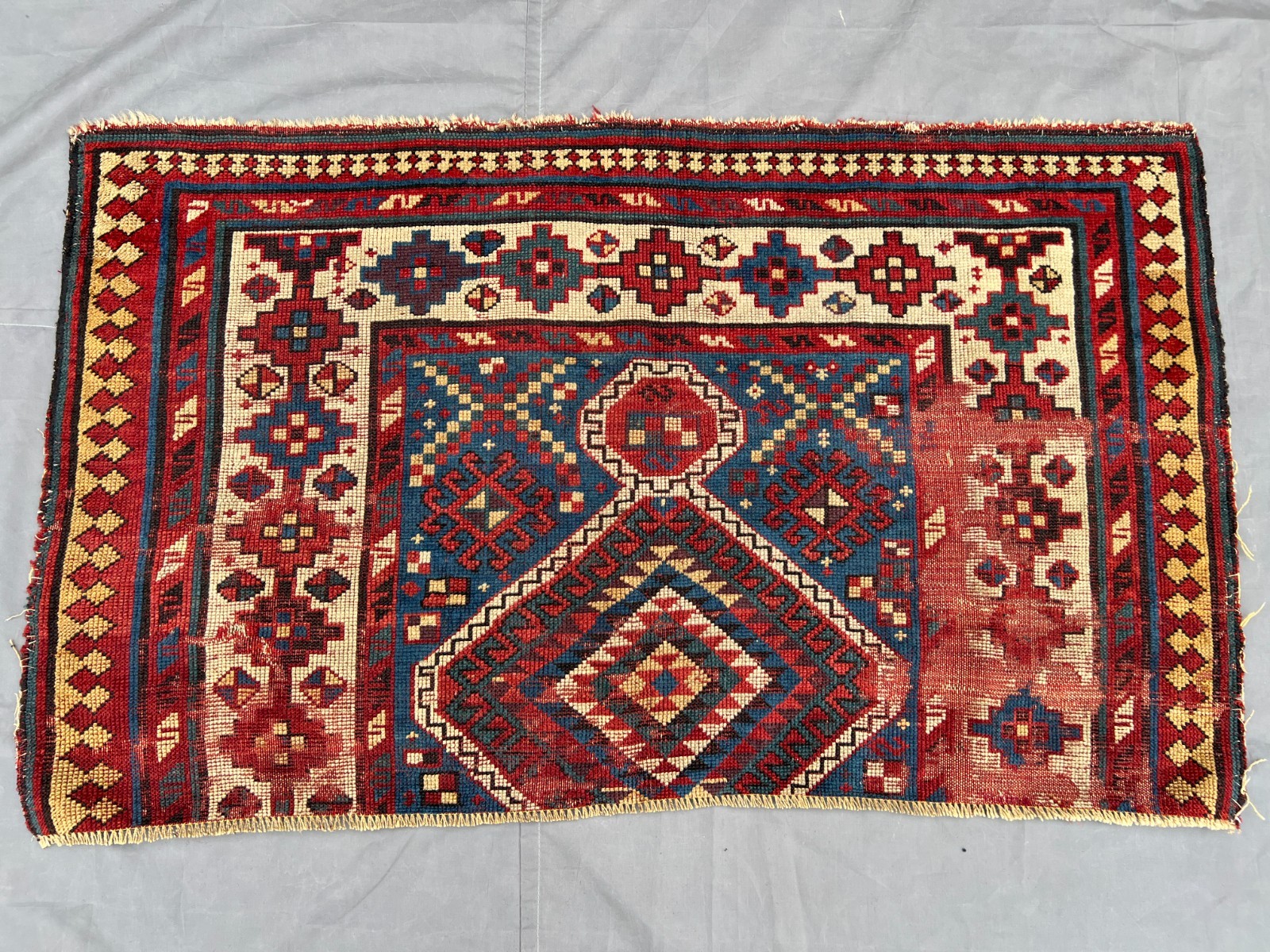 Red Blue Turkish Tribal Rug 4x5 ft Hand Knotted Vintage Distressed Boho Carpet gallery