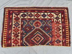 Red Blue Turkish Tribal Rug 4×5 ft Hand Knotted Vintage Distressed Boho Carpet
