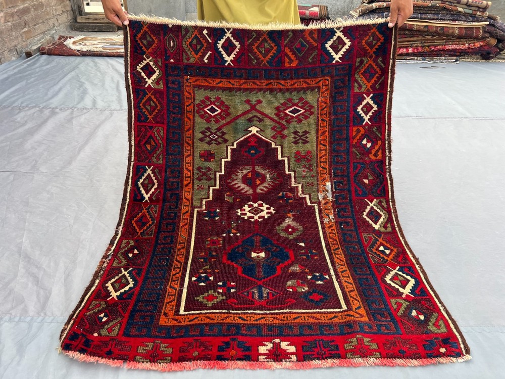 3'1 x 4 ft Antique Turkish Hand Knotted Prayer Rug Tribal Geometric Wool Carpet