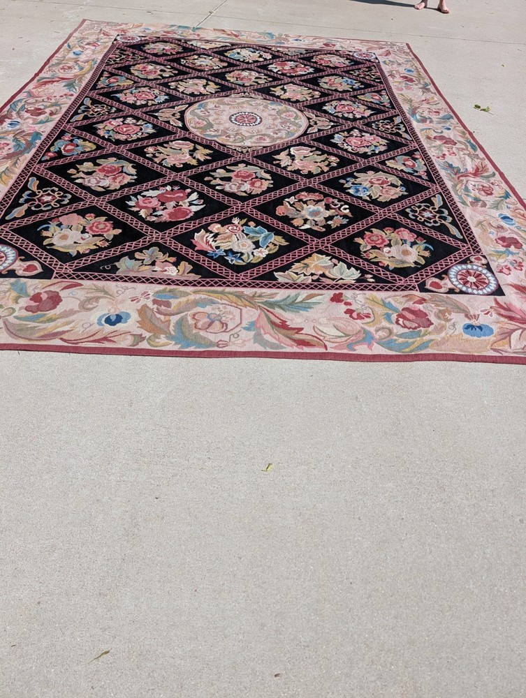 Antique Aubusson Style Needlepoint Floral Rug Carpet 13.6 X 9.9 Feet. Estate