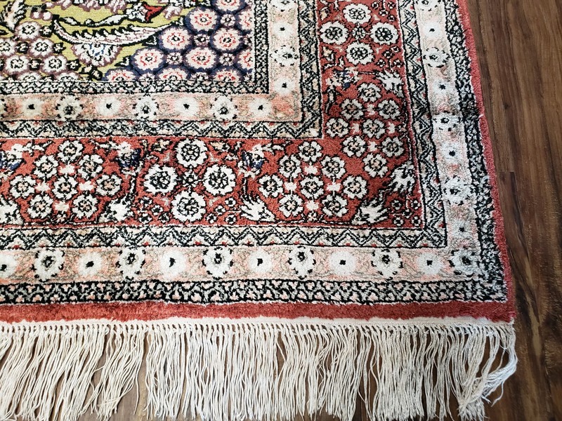 Vintage Silk Rug w/ Gold Threads 5x8 Kashmiri Silk Oriental Carpet Red & Black gallery