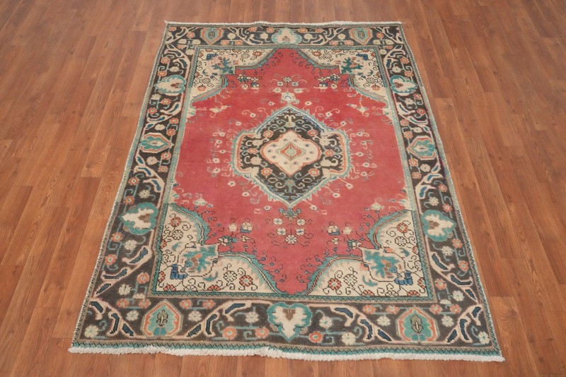 Vintage Handmade Traditional Rug 4x6 Red Medallion Design Wool Oriental Carpet gallery