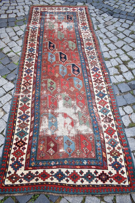 Fabulous Antique Kazak Rug 45'' x 95'' Caucasian Collector Item Genje Kazak Rug gallery