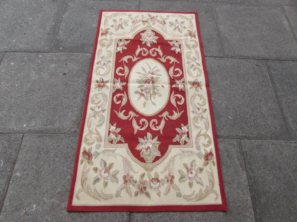 Vintage Hand Made French Design Wool Maroon Red Original Aubusson 144X76cm