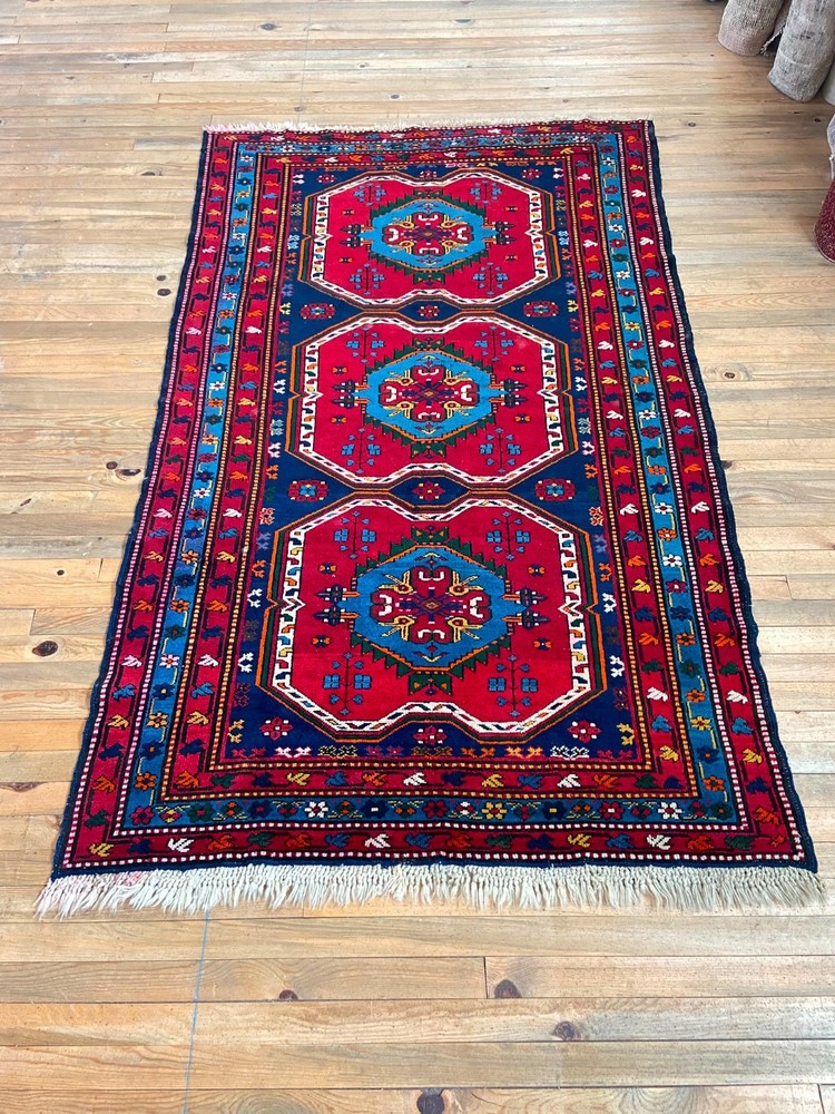 Antique Caucasian Rug 4x7 19th C Red Blue Wool Hand Knotted Derbent Shirvan Mat