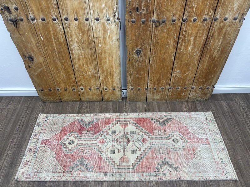 2x6 Faded Red Green Vintage Turkish Runner Rug, Hand-Knotted Anatolian Wool Rug gallery