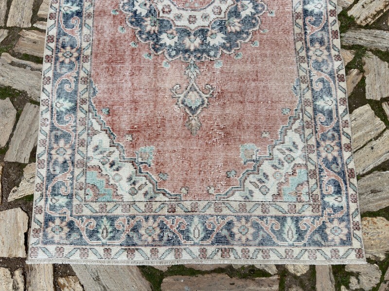 Vintage Hand-Woven Area Rug 4x7 Red Wool Medallion Carpet Medium Size Anatolian gallery