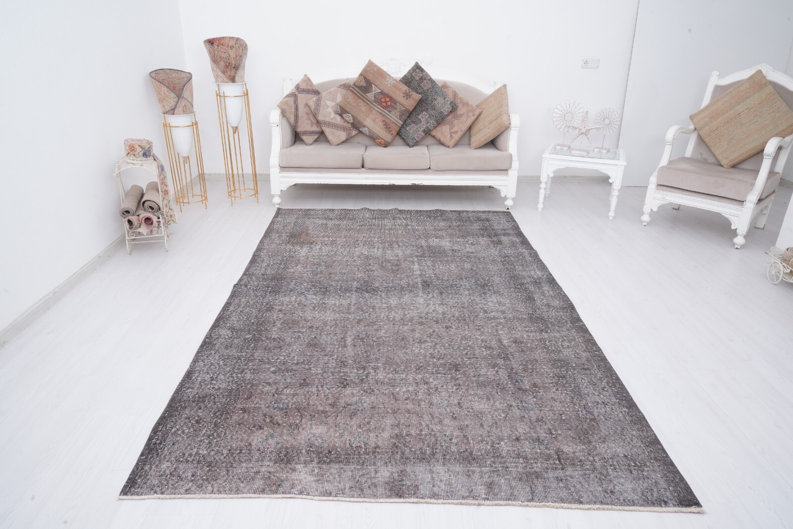 Old Turkish Vintage Rug Oushak Area Gray Rug 6 x 9 Antique Anatolian Carpet 855 gallery