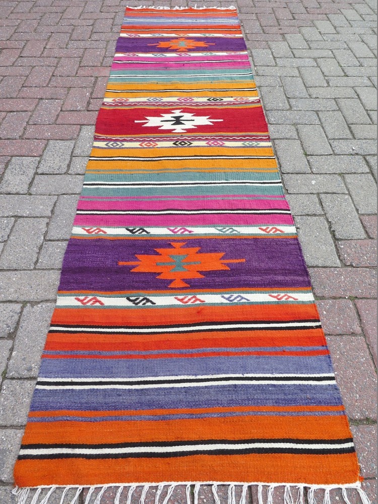 Multicolor Striped Vintage Turkish Runner Kelim, Handwoven Wool Boho Rug 25"x97"