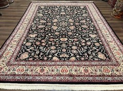 Pakistani Oriental Rug 9×12 Floral Allover Handmade Oriental Carpet Black Cream