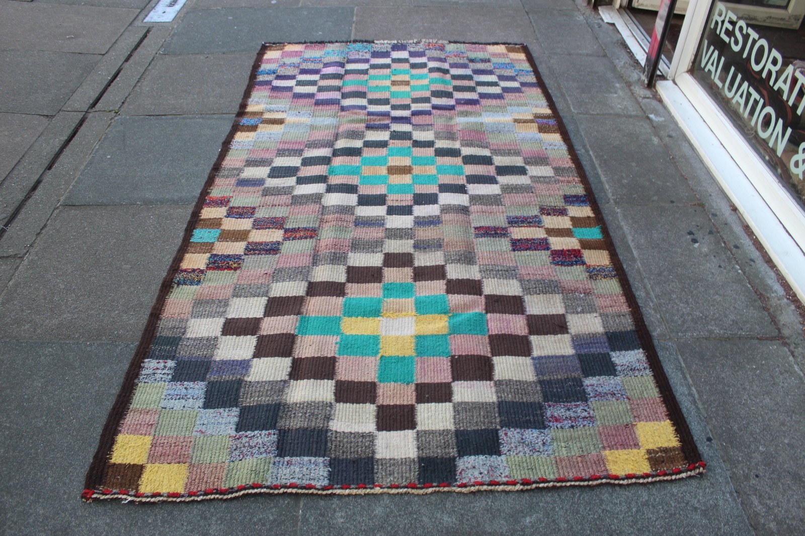 Vintage Traditional Hand Made Oriental Wool Cotton Green Blue Kilim 235x130cm gallery