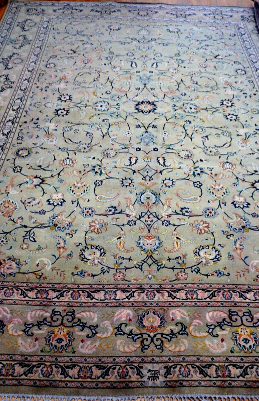 Antique Kashann Signed Birds Hand Knotted Pistachios Green Wool Rug 9'7" x 13'5" gallery