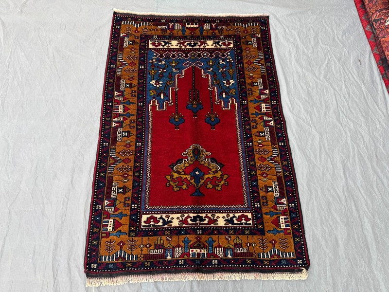 3x4'5 ft Vintage Turkish Hand-Knotted Prayer Rug Red and Mustard Gold Decor Rug gallery