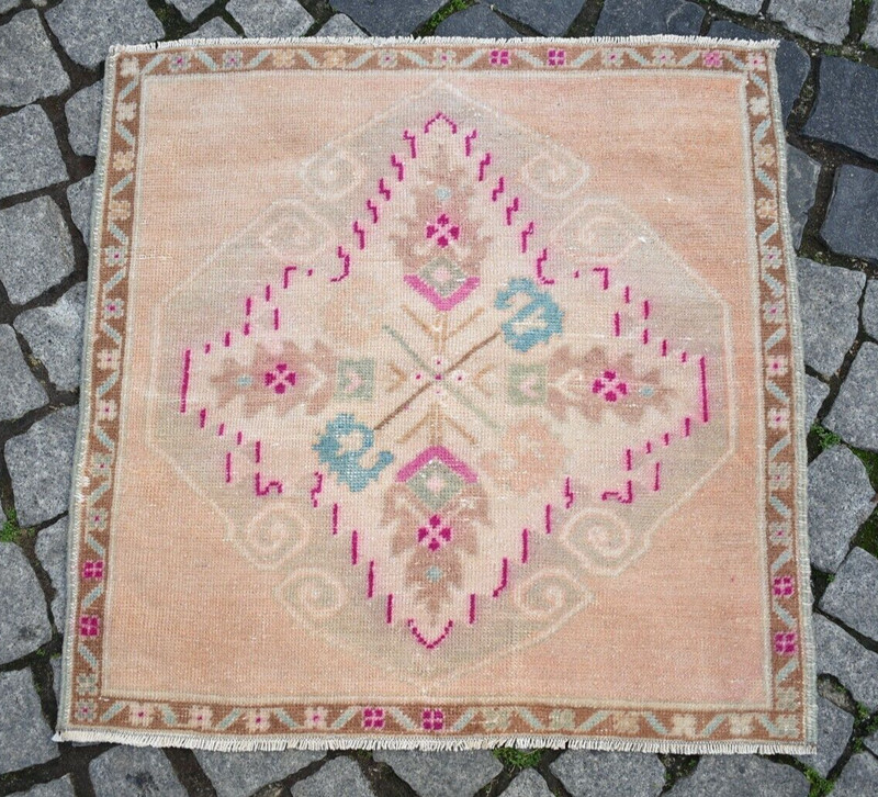 Vintage Anatolian Rug 2'5'' x 2'4'' ft Turkish Hand Knotted Oushak Wool Pile Rug gallery