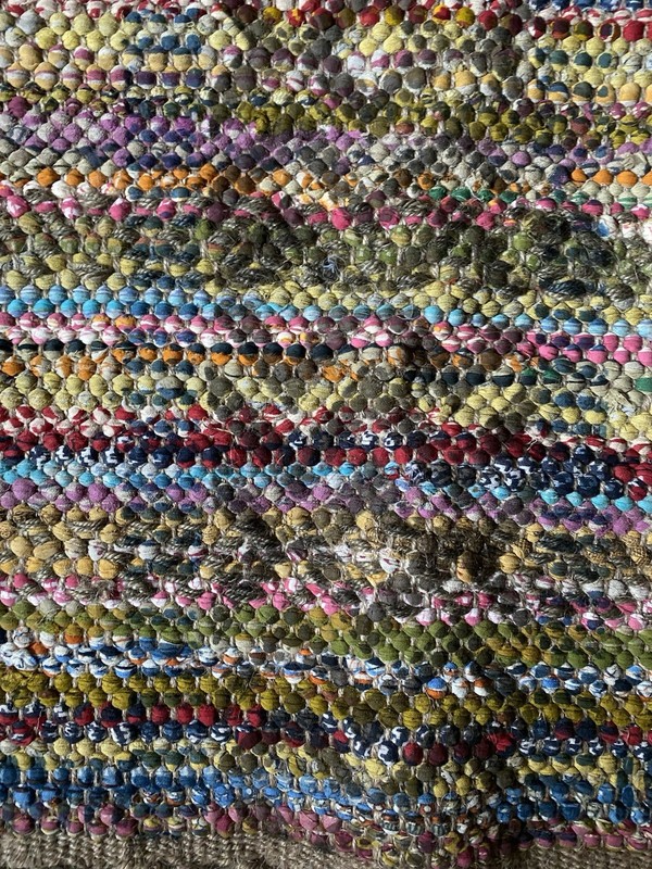 INDIA Rainbow Stripe CHINDI RAG RUG Jute Fringe Boho WORLD MARKET 2’ x 3’ gallery