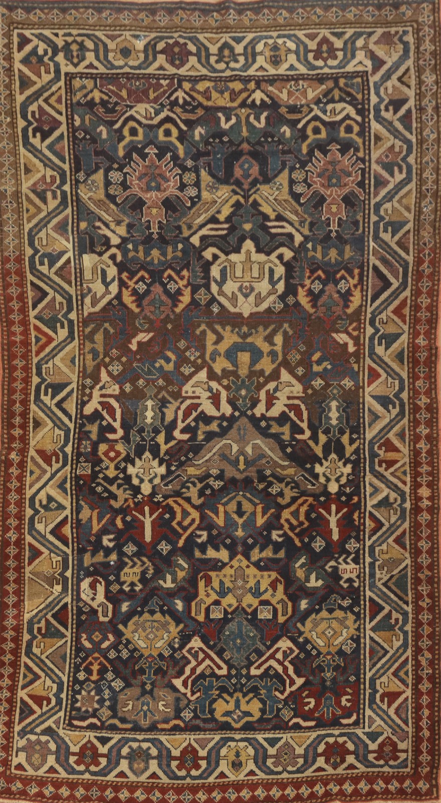 Pre-1900 Antique Geometric Kazak Vegetable Dye Rug 4x7 ft Hand-knotted Wool gallery