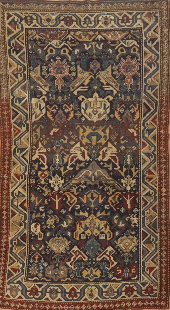 Pre-1900 Antique Geometric Kazak Vegetable Dye Rug 4x7 ft Hand-knotted Wool