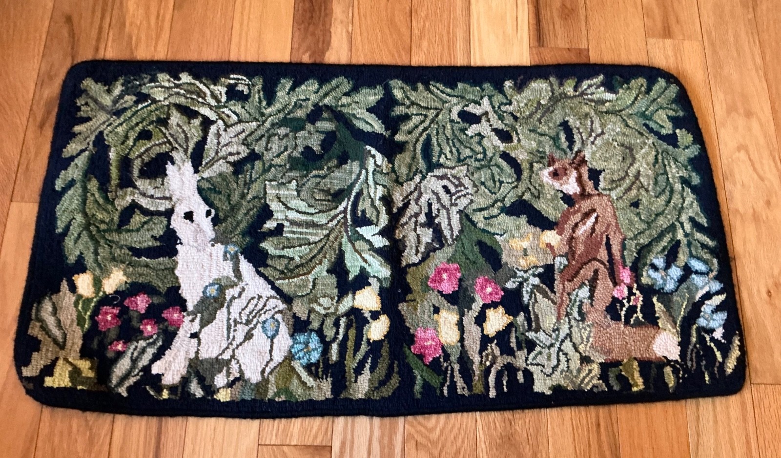 c1940s American Folk Art Pictorial Hooked Rug FOX & Hare in Ivy Patch 17”x 33” gallery