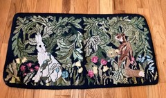 c1940s American Folk Art Pictorial Hooked Rug FOX & Hare in Ivy Patch 17”x 33”