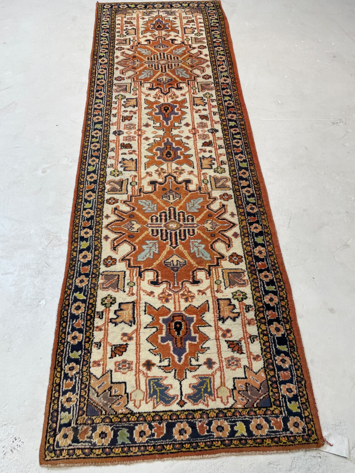 Antique Oriental Hand-Knotted Wool Runner Karajeh Ivory/Rust/Blue 2'5" x 7'10" gallery