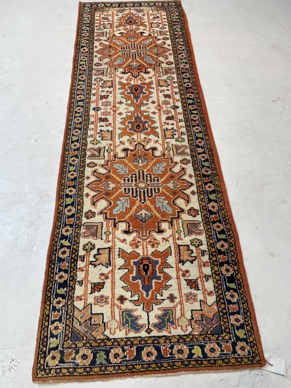 Antique Oriental Hand-Knotted Wool Runner Karajeh Ivory/Rust/Blue 2'5" x 7'10" gallery