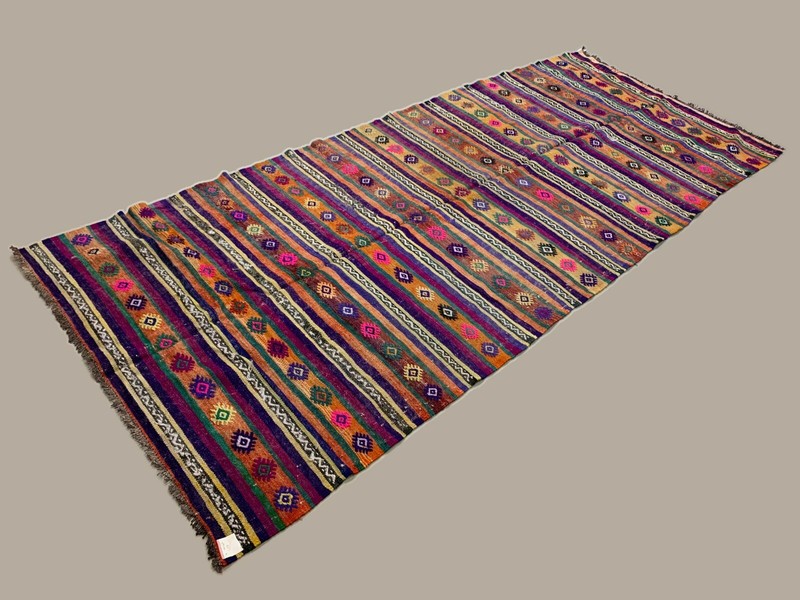 Colourful Vintage Turkish Kilim 318x138 cm Kelim Rug Wool Red Green Black Large gallery