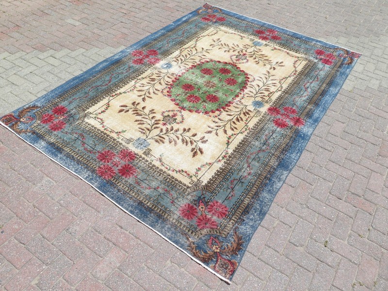 Vintage Turkish Handmade Area Rug Large Floor Carpet Blue Wool Home Rug 80"X119" gallery