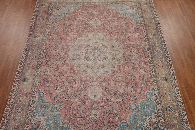 Semi-Antique Muted Pink Handmade Floral Tebriz Handmade Room Size Area Rug 10x13 gallery
