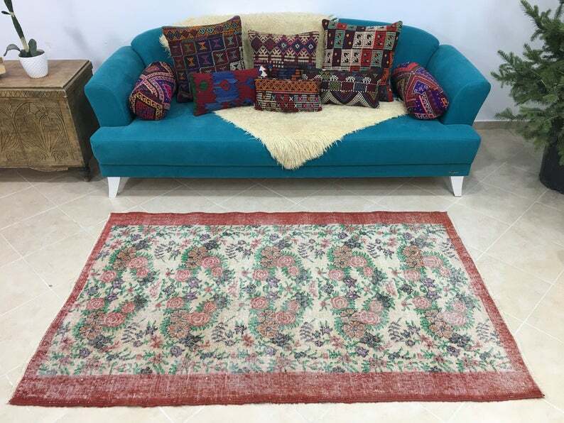 Antique Floral Traditional Persian Bohemian Area Rug Handmade 4x6.4ft, 122x195cm gallery