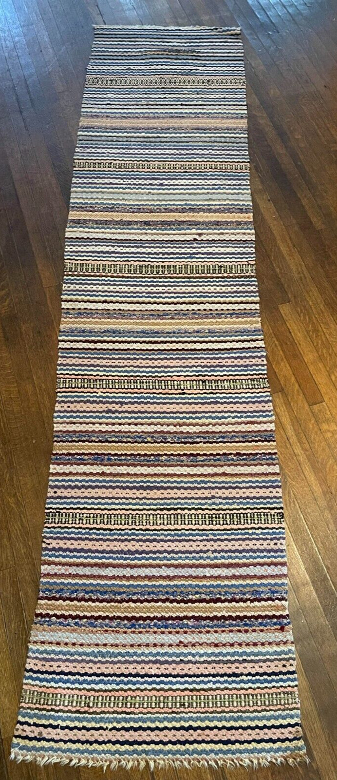 Colorful Antique Swedish Hand Made Rag Rug (25x108 inches) 1930s gallery
