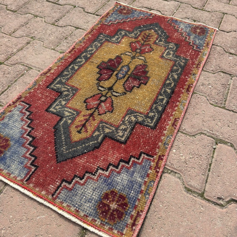 Rust Red 1x3 Turkish Wool Accent Rug With Mustard Medallion - Tariff Free gallery