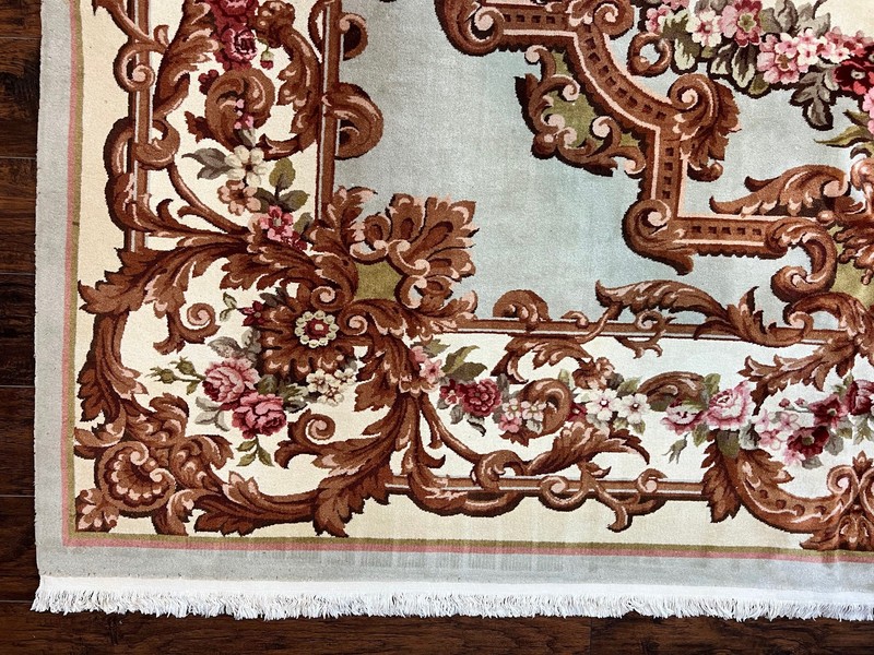 Aubusson Rug 10x13 Cream Mint Green Handmade French European Wool Pile Large Rug gallery