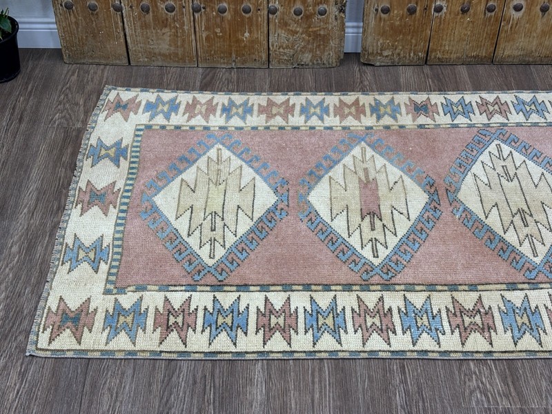 3x5 Pink Beige Blue Vintage Turkish Rug, Hand-Knotted Wool Rug, Small Oushak Rug gallery