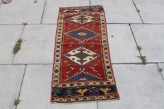 Antique Worn Hand Made Traditional Oriental Wool Red Short Runner Rug 133x56cm