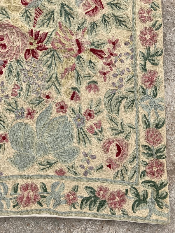 Vintage Handmade Kashmir French Floral Wool Chain Stitch Rug 90x59 cm gallery