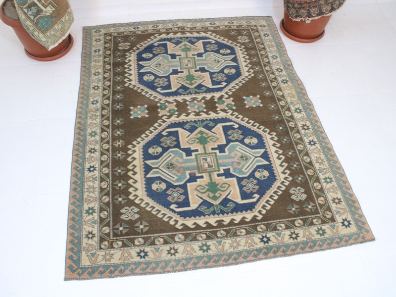 4x5 Turkish Handmade Area Rug Brown Blue Oriental Wool Rug 4.1x5.3 ft gallery
