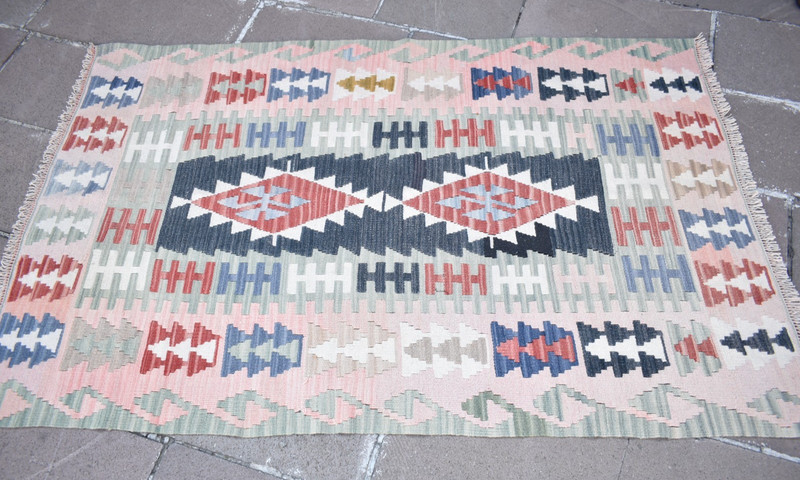Vintage Turkish Rug 43'' x 67'' Flat Woven Rug Faded Colors Kayseri Wool Rug gallery