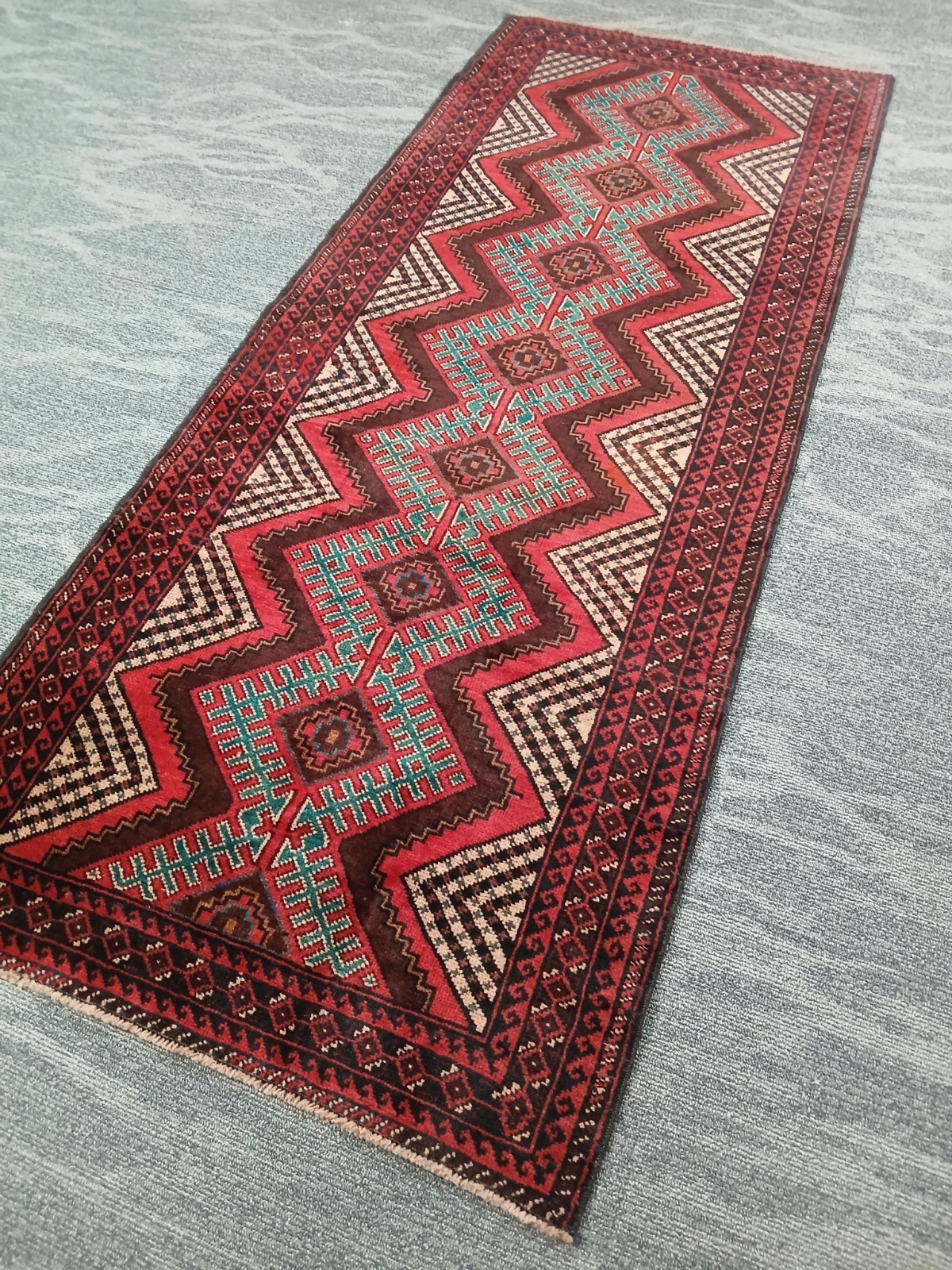 2'8"x6'8" Vintage Red Green Balochi Runner, Old Oriental Tribal Runner Rug gallery