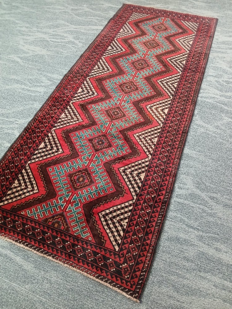 2'8"x6'8" Vintage Red Green Balochi Runner, Old Oriental Tribal Runner Rug